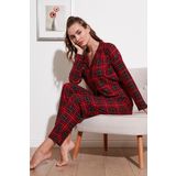 Lela Desenli Beli Lastikli Gömlek Yaka Dokuma Bayan Pijama Takımı 6095660W4 KIRMIZI-LACİVERT