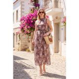 Lela Desenli Halter Yaka Kolsuz Kemerli Maxi Şifon Bayan Elbise 6525724 LİLA