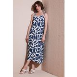 Lela Desenli Midi Boy Oversize Fit Bağlamalı İp Askılı Bisiklet Yaka Bayan Elbise 5869009 İNDİGO