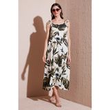 Lela Desenli Oversize Fit Bağlamalı Ip Askılı Yuvarlak Yaka Midi Boy Elbise Bayan Elbise 5869022 - Yeşil - XL