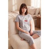 Lela Desenli Pamuklu Bisiklet Yaka Kaprili Bayan Pijama Takımı 65790787 GRİ