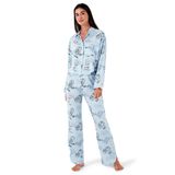 Lela Desenli Rahat Kesim Bol Paça Yazlık Gömlek Yaka Kadın Pijama Takımı (AÇIK MAVİ, M)
