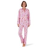Lela Desenli Rahat Kesim Bol Paça Yazlık Gömlek Yaka Kadın Pijama Takımı (ŞEKER PEMBE, S)