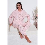 Lela Desenli Rahat Kesim Bol Paça Yazlık Gömlek Yaka Kadın Pijama Takımı (TOZ PEMBE, S)