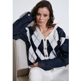 Lela Desenli Regular Fit Düğmeli V Yaka Crop Bayan Hırka 4615553 LACİVERT-EKRU