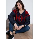 Lela Desenli Regular Fit Düğmeli V Yaka Crop Bayan Hırka 4615553 LACİVERT-KIRMIZI