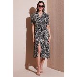 Lela Desenli Relaxed Fit Balon Kol Yırtmaçlı Kemerli Midi Boy Elbise Bayan Elbise 67810558 - Leopar