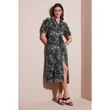 Lela Desenli Relaxed Fit Balon Kol Yırtmaçlı Kemerli Midi Boy Elbise Bayan Elbise 67810558 - Yeşil - Leopar