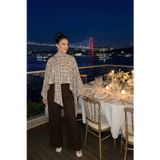 Lela Ekoseli Pamuklu Oversize Fit Fular Yakalı Bayan Panço 6925472 BEJ