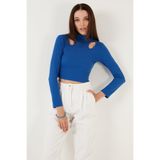 Lela Esnek Slim Fit Cut Out Pencereli Dik Yaka Crop Bluz Bayan BLUZ 5865348