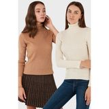 Lela Fitilli Regular Fit Balıkçı Yaka Soft Akrilik 2'li Paket Kazak Bayan Kazak 4614102S2 - Camel - Krem - L - XL