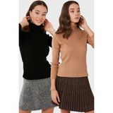 Lela Fitilli Regular Fit Balıkçı Yaka Soft Akrilik 2'li Paket Kazak Bayan Kazak 4614102S2 - Camel - Siyah - S - M