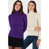 Lela Fitilli Regular Fit Balıkçı Yaka Soft Akrilik 2'li Paket Kazak Bayan Kazak 4614102S2 - Krem - Mor - S - M