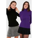 Lela Fitilli Regular Fit Balıkçı Yaka Soft Akrilik 2'li Paket Kazak Bayan Kazak 4614102S2 - Mor - Siyah - L - XL