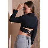 Lela Fitted Fit Pamuklu Korse Detaylı Uzun Kollu Crop Bayan Gömlek 611GO00376 SİYAH
