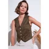 Lela Fitted Scuba Süet V Yaka Düğmeli Yelek Bayan Yelek 5865576 - Haki - XL