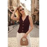 Lela Fittili Regular Fit V Yaka Düğmeli Yelek Bayan Yelek 5866559 - XL - Mürdüm