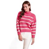 LELA Kadın Dik Yaka, Çizgili, Uzun Kol, Triko Kazak, Pembe