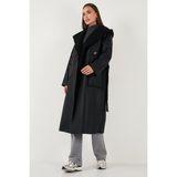Lela Kadın Oversize Uzun Kaban Polyester Kapüşonlu Düz Siyah Model 6810295 - XS