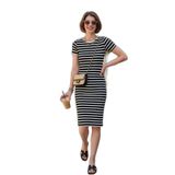 Lela Kadın Slim Fit Çizgili Pamuklu Bisiklet Yaka Kısa Kollu Midi Elbise, Siyah, XL Beden