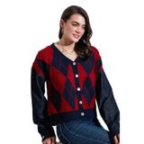 LELA Kadın V Yaka Desenli Regular Fit Crop Hırka, Lacivert-Kırmızı