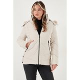 Lela Kapitoneli Slim Fit Çıkarılabilir Kapüşonlu Mont Bayan Mont 497MARA - Taş - 2XL