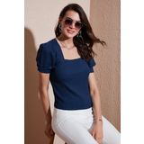 Lela Kol Detaylı Kare Yaka Bayan Bluz 5869002 İNDİGO