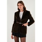 Lela Leopar Desenli Regular Fit Kemer Detaylı Peluş Dokulu Blazer Bayan Ceket 6839614 KAHVE