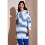 Lela Modest Çizgili Pamuklu Regular Fit Bisiklet Yaka Tunik Bayan Tunik 5865784 - Saks