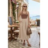 Lela Modest Pamuklu Relaxed Fit Lastikli Bel Tesettür Midi Etek Bayan Etek 668YE4449 - Taş