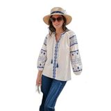 Lela Nakış İşlemeli Pamuklu Oversize Fit Bağlamalı V Yaka Bluz Bayan BLUZ 676271
