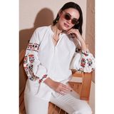 Lela Nakış Işlemeli Pamuklu Oversize Fit V Yaka Gömlek Bayan Gömlek 676253 - Ekru