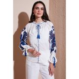 Lela Nakışlı Oversize Fit Bağlamalı Hakim Yaka Gömlek Bayan Gömlek 676206 - Beyaz