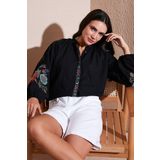 Lela Nakışlı Pamuklu Regular Fit Balon Kol Yazlık Bayan Gömlek 611BZ0173 SİYAH