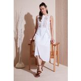 Lela Nakışlı Regular Fit Kolsuz Midi Bayan Elbise 611EL00959 Ekru-Camel