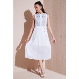 Lela Nakışlı Regular Fit Kolsuz Midi Bayan Elbise 611EL00959 Ekru-İndigo
