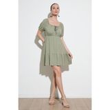 Lela Önü Büzgülü Balon Kollu Mini Elbise Bayan Elbise 5869005 - Olive