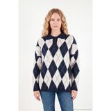 Lela Oversize Baklava Desenli Düğmeli Polo Yaka Kazak Kadın Polo Yaka Kazak 4615593 - Lacivert - Taş