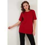 Lela Oversize Bisiklet Yaka Yırtmaç Detaylı Bluz Bayan Bluz 5869000 - Kırmızı
