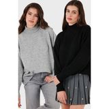 Lela Oversize Fit Balıkçı Yaka Yumuşak Dokulu 2'li Paket Triko Kazak Bayan Kazak 680KZ00469S2 - Açık Gri - Siyah