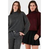 Lela Oversize Fit Balıkçı Yaka Yumuşak Dokulu 2'li Paket Triko Kazak Bayan Kazak 680KZ00469S2 - Antrasit - Bordo