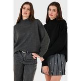 Lela Oversize Fit Balıkçı Yaka Yumuşak Dokulu 2'li Paket Triko Kazak Bayan Kazak 680KZ00469S2 - Antrasit - Siyah