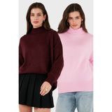 Lela Oversize Fit Balıkçı Yaka Yumuşak Dokulu 2'li Paket Triko Kazak Bayan Kazak 680KZ00469S2 - Bordo - Pembe