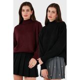Lela Oversize Fit Balıkçı Yaka Yumuşak Dokulu 2'li Paket Triko Kazak Bayan Kazak 680KZ00469S2 - Bordo - Siyah
