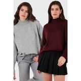 Lela Oversize Fit Balıkçı Yaka Yumuşak Dokulu 2'li Paket Triko Kazak Bayan Kazak 680KZ00469S2 - Gri - Bordo
