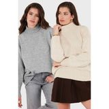Lela Oversize Fit Balıkçı Yaka Yumuşak Dokulu 2'li Paket Triko Kazak Bayan Kazak 680KZ00469S2 - Koyu Gri - Taş