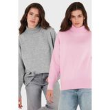 Lela Oversize Fit Balıkçı Yaka Yumuşak Dokulu 2'li Paket Triko Kazak Bayan Kazak 680KZ00469S2 - Pembe - Açık Gri