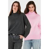 Lela Oversize Fit Balıkçı Yaka Yumuşak Dokulu 2'li Paket Triko Kazak Bayan Kazak 680KZ00469S2 - Pembe - Antrasit