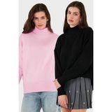Lela Oversize Fit Balıkçı Yaka Yumuşak Dokulu 2'li Paket Triko Kazak Bayan Kazak 680KZ00469S2 - Pembe - Siyah
