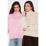 Lela Oversize Fit Balıkçı Yaka Yumuşak Dokulu 2'li Paket Triko Kazak Bayan Kazak 680KZ00469S2 - Şeker Pembesi